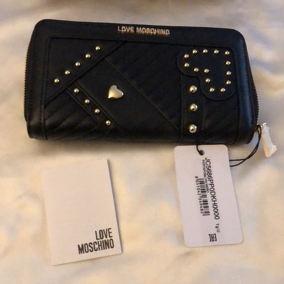 Love Moschino Portafogli Nero Black Faux Leather ZA Wallet Stud Accents NWT/Box - Picture 3 of 15